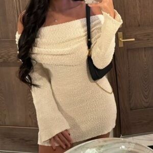 Elegant Off-Shoulder Cream Sweater Dress